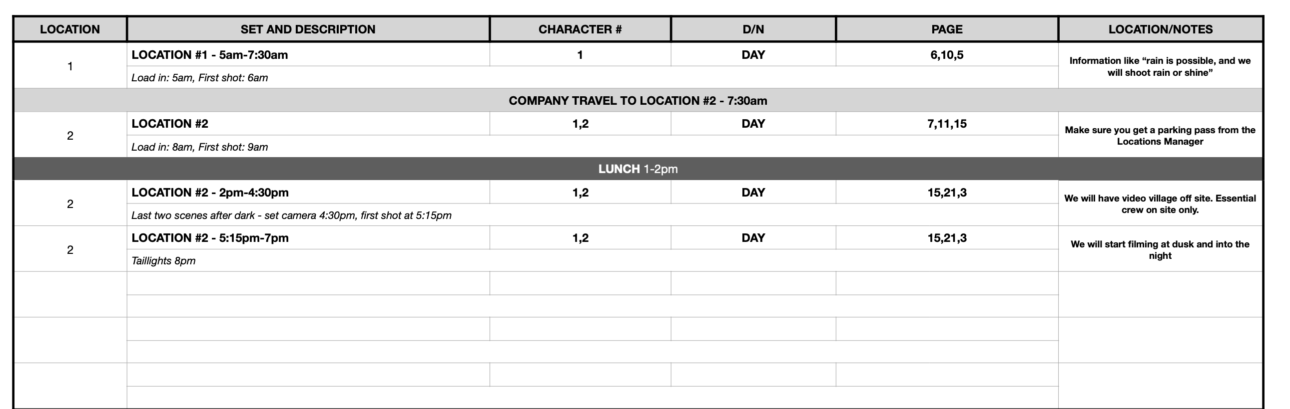 Film call sheet template